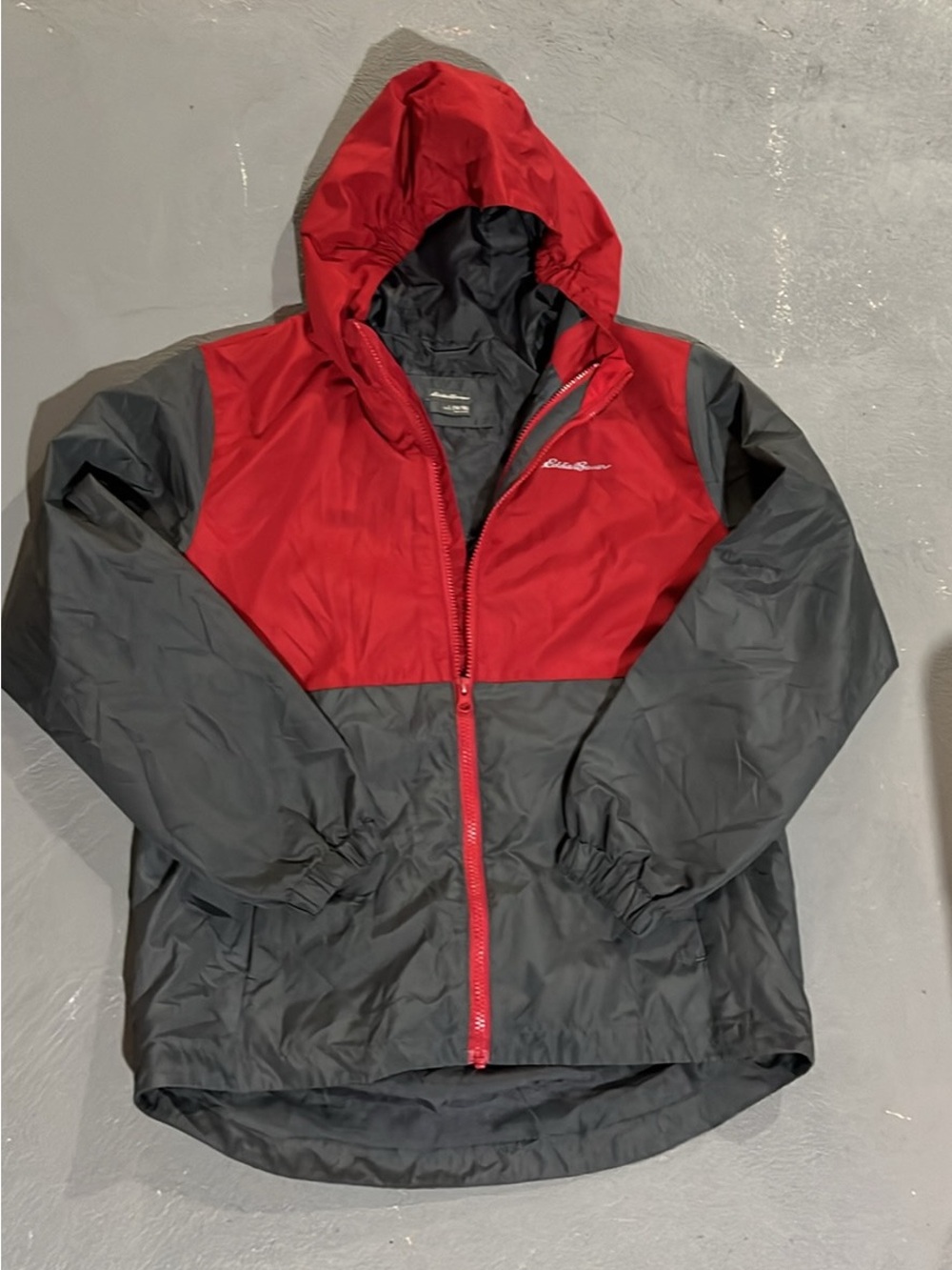 EUC boys Eddie Bauer Red and gray Raincoat size 14/16 size L